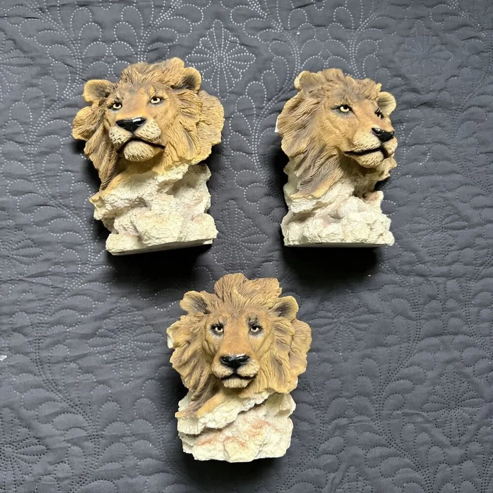 Vintage Cast Resin Lion Head Bookends & Pen Holder 3pc Office Library Home Decor